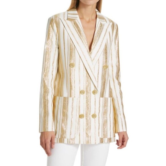 7 For All Mankind Shine Gold Striped Blazer Jacket Womens M Nwt - Picture 1 of 10